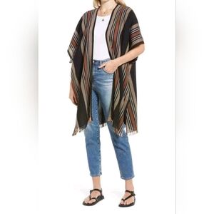 Black Brown Stripes Open Front  Bohemian Aztec Kimono Poncho Wearable Scarf